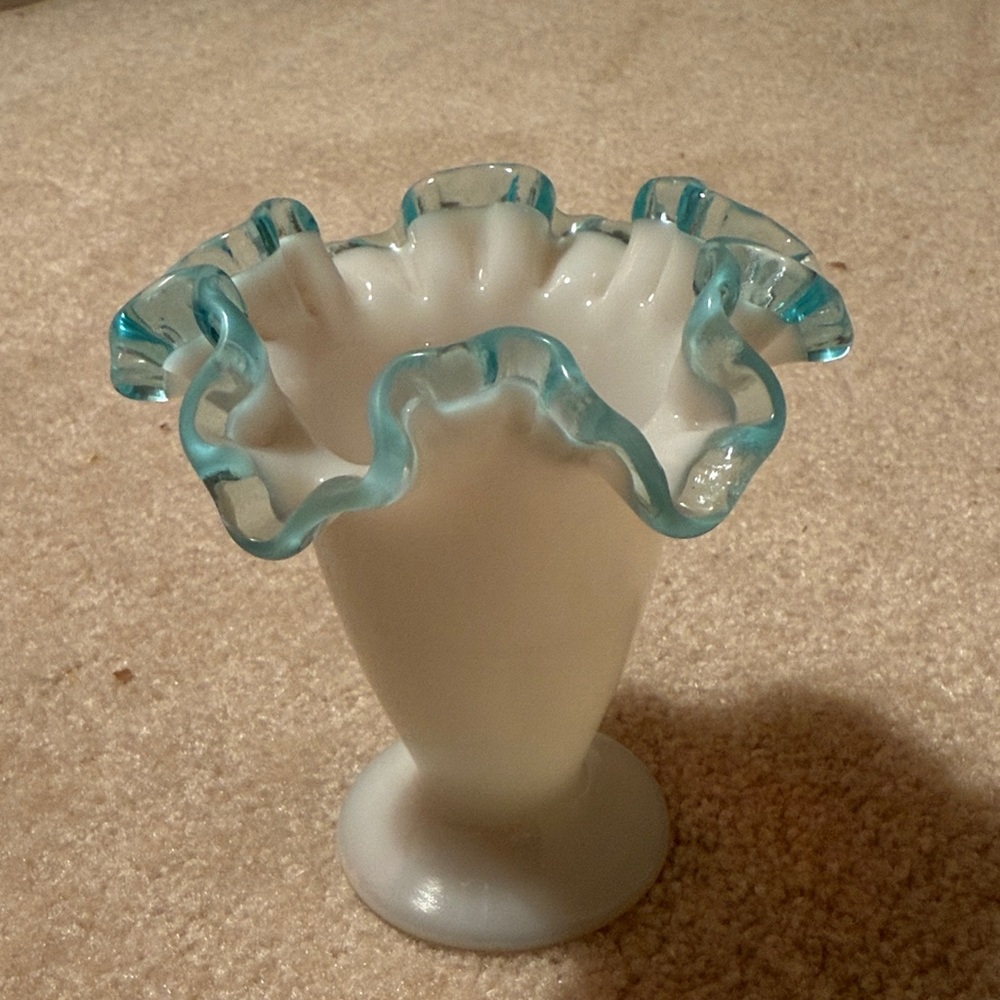 Fenton milk glass Vase with Blue crest Ruffled Edge